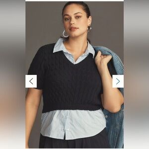 Anthropologie Navy Cable Knit Sweater with Blue Striped Shirt by Maeve